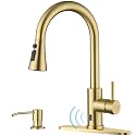 Touchless Kitchen Faucet with Pull-Down Sprayer, Kitchen Sink Faucet Brushed Gold Faucets with Soap Dispensor, Single Handle Hands-Free Sensor Suitable for 1 to 4 Hole Sink, Stainless Steel