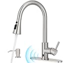 Touchless Kitchen Faucet with Pull-Down Sprayer, Kitchen Sink Faucet Brushed Nickel Faucets with Soap Dispensor, Single Handle Hands-Free Sensor Suitable for 1 to 4 Hole Sink, Stainless Steel