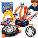 Toy Car Race Track Set for Kids, 6 Cars Dual Launchers 360° Loops, Orange