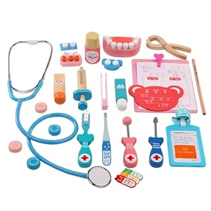 wooden doctor and dentist pretend play set for kids - includes stethoscope thermometer syringe dental tools imaginative role playing and stem learning pretend play 36 pieces