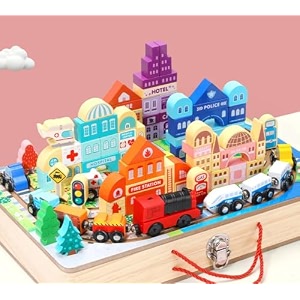 wooden city blocks set educational toy with buildings vehiclesroads amp trees creative construction set for kidsimaginative play amp learning  durable non-toxic wooden blocks for ages 3