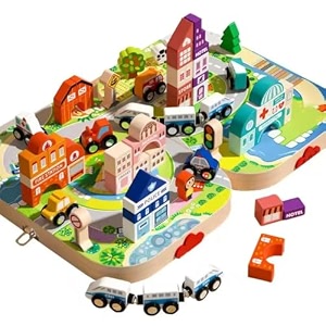 wooden city blocks set educational toy with buildings vehiclesroads amp trees creative construction set for kidsimaginative play amp learning  durable non-toxic wooden blocks for ages 3