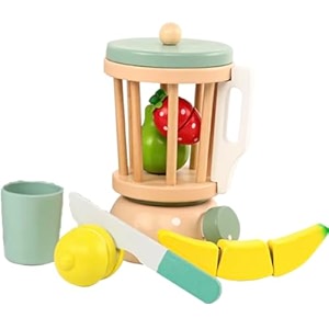 wooden juice blender toy set  pretend play kitchen utensils with cutting fruits amp mixer smoothie maker toy  15 pieces interactive playset for kids  role-play cooking fun