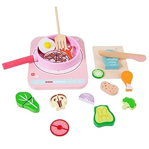wooden pretend play kitchen accessories for toddler girl 16 pcs wood induction cooktop playset for kids cookware pan and play food for kids pink