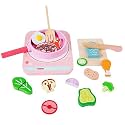 Wooden Pretend Play Kitchen Accessories for Toddler Girl, 16 PCS Wood Induction Cooktop Playset for Kids, Cookware Pan and Play Food for Kids (Pink)