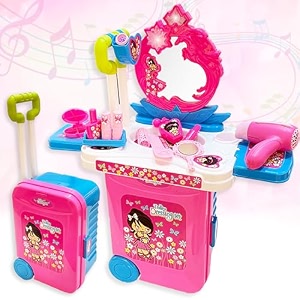 toymagic pretend play makeup toys set for girls with briefcase and accessories cosmetic set 2 in 1 vanity table portable trolley play set beauty make up toy set for 5 yrs girls