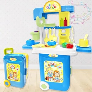 toymagic pretend play makeup toys set for girls with briefcase and accessories cosmetic set 2 in 1 vanity table portable trolley play set beauty make up toy set for 5 yrs girls