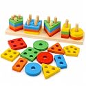 Toyshine Kids Wooden Angle Geometric Blocks Stacker Shape Sorter Column Puzzle Stacking Set - 5 Columns