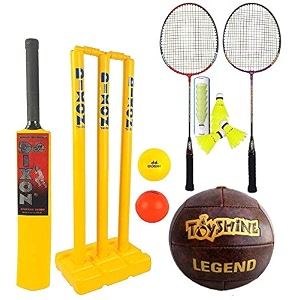 toyshine rubber nylon synthetic leather super sports combo with cricket badminton football multicolor 7 - 14 years 3 wickets 2 bails 1 cricket bat 2 wind balls