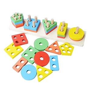 toyshine kids wooden angle geometric blocks stacker shape sorter column puzzle stacking set - 5 columns