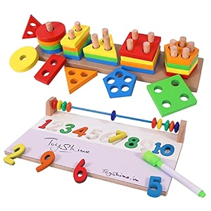 toyshine kids wooden angle geometric blocks stacker shape sorter column puzzle stacking set - 5 columns