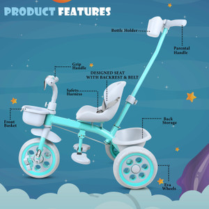 toyshoppee sturdy tricycle with parental push handleleather cushioned seat stylish storage basketanti slip peddles  protective arm rest for 1-5 year kids tricycle black