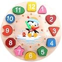 Toyvian Clock Toy Wooden Teaching Clock Props Penguin Pattern Toys Teaching Time Number Puzzle Stacking for Kids Baby Toddlers