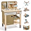 Toywoo Kids Tool Set,Wooden Tools Bench with Apron Toy Workbench with Realistic Tools Electric Drill STEM Construction Toy Gifts for Age 3-9 Boys Girls