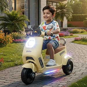 toyzone wizard electric scooty  rechargeable scooty 6v  powered by 65 ah battery  music player with bluetoooth amp usb  6 month warranty on battery  make in india  for kids 2 years ivory