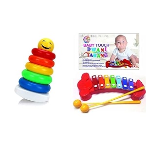 toyztrend junior smiley stacking multicolour 5 rings for toddlers amp musical dwani tarang xylophone for kids assorted colourspack of 2 10 pieces