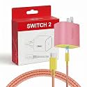 Switch 2 Charger - 60W AC Adapter for Nintendo Switch/OLED/Lite &amp; Steam Deck,20V/3A Fast Charging with 6.6FT Braided USB-C Cord, Support 4K TV Mode (Pink &amp; Yellow)