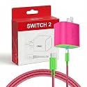 TPC 60W Charger for Nintendo Switch 2, 20V 3A AC Adapter Fast Charging with 6.6FT Braided USB-C Cord, Compatible with Switch 1, Lite, OLED, Steam Deck, Support 4K TV Mode (Magenta & Green)