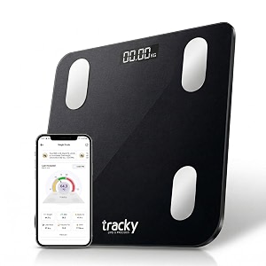 tracky smart bmi weight scale track 18 body composition metrics muscle mass bone mass body fat analyzer machine  1 year warranty bluetooth sync with app  perfect for home amp gym fda approved