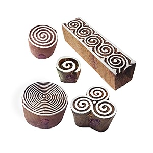traditional pattern spiral and geometric wooden blocks for printing set of 5