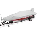 Trailerable Boat Cover 14-16ft with Outboard Motor Cover, 900D Marine Canvas Waterproof & UV-Proof Heavy Duty Boat Covers for 14 feet 15ft 16' Foot V-Hull Bass Boat Runabout Boat, Gray
