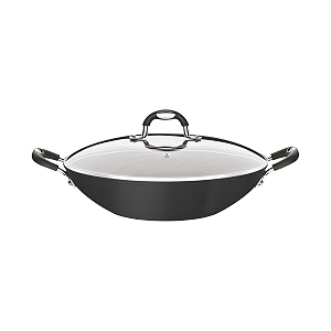 tramontina monaco induction wok in aluminum with internal and external non-stick starflon premium coating black with glass lid 32 cm 45 l