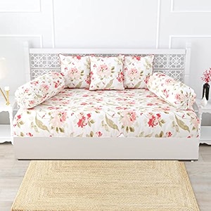 trance home linen 108tc 100 cotton thick printed diwan set  deewan bedsheet set for living roomset of 6 pc 1-bed sheet 48x88 inch  2-bolster cover 16x32 in  3-cushion cover 16x16 in-tashi pink