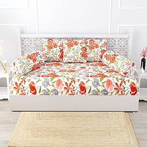 trance home linen 108tc 100 cotton thick printed diwan set  deewan bedsheet set for living roomset of 6 pc 1-bed sheet 48x90 inch  2-bolster cover 16x32 inch  3-cushion cover 16x16 in-huvu red