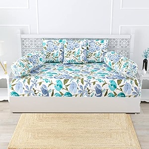 trance home linen 108tc 100 cotton thick printed diwan set  deewan bedsheet set for living roomset of 6 pc 1-bed sheet 48x90 inch  2-bolster cover 16x32 in  3-cushion cover 16x16 in-huvu blue
