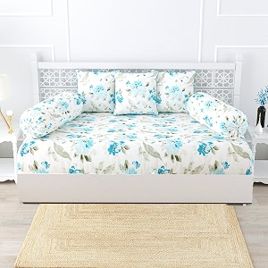 trance home linen 108tc 100 cotton thick printed diwan set  deewan bedsheet set for living roomset of 6 pc 1-bed sheet 48x90 inch  2-bolster cover 16x32 in  3-cushion cover 16x16 in-tashi blue