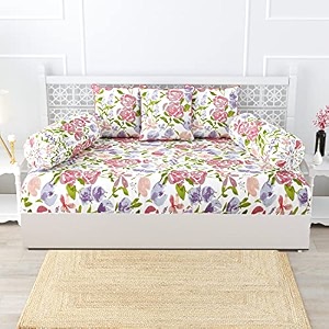 trance home linen 108tc cotton thick printed diwan set  deewan bedsheet set for living roomset of 6 pc 1-bed sheet 48x88 inch  2-bolster cover 16x32 inch  3-cushion cover 16x16 inch-huvu lilac