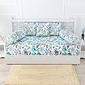 Trance Home Linen 108TC 100% Cotton Thick Printed Diwan Set | Deewan Bedsheet Set for Living Room(Set of 6 Pc, 1-Bed Sheet 48x90 Inch | 2-Bolster Cover 16x32 in | 3-Cushion Cover 16x16 in)-Huvu Blue