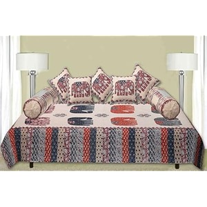 trance home linen 108tc 100 cotton diwan sethand block jaipuri printed design set of 8 piece 1-bed sheet 50x90 inch2-bolster cover 16x31 inch5-cushion cover 16x16 inch-ambari blue
