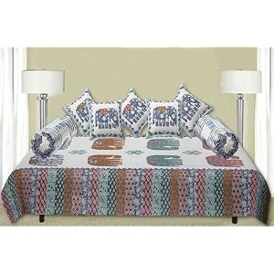 trance home linen 108tc 100 cotton diwan sethand block jaipuri printed design set of 8 piece 1-bed sheet 50x90 inch2-bolster cover 16x31 inch5-cushion cover 16x16 inch-ambari blue