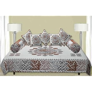 trance home linen 108tc 100 cotton diwan sethand block jaipuri printed design set of 8 piece 1-bed sheet 50x90 inch2-bolster cover 16x31 inch5-cushion cover 16x16 inch-ambari blue