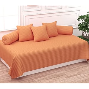trance home linen 200tc striped diwan set cotton 6 pcs dewaan bedsheet sets set of 6 pcs 1-bed sheet 54x88 inch  2-bolster cover 16x32 inch  3-cushion cover 16x16 inch- peach