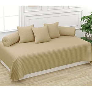 trance home linen 200tc striped diwan set cotton 6 pcs dewaan bedsheet sets set of 6 pcs 1-bed sheet 54x88 inch  2-bolster cover 16x32 inch  3-cushion cover 16x16 inch- beige
