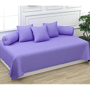 trance home linen 200tc striped diwan set cotton 6 pcs dewaan bedsheet sets set of 6 pcs 1-bed sheet 54x88 inch  2-bolster cover 16x32 inch  3-cushion cover 16x16 inch- lilac purple