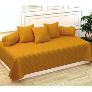 trance home linen 200tc striped diwan set cotton 6 pcs dewaan bedsheet sets set of 6 pcs 1-bed sheet 54x88 inch  2-bolster cover 16x32 inch  3-cushion cover 16x16 inch- mustard yellow