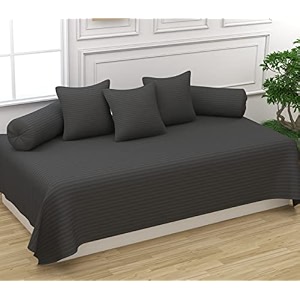 trance home linen 200tc striped diwan set cotton 6 pcs dewaan bedsheet sets set of 6 pcs 1-bed sheet 54x88 inch  2-bolster cover 16x32 inch  3-cushion cover 16x16 inch- dark grey