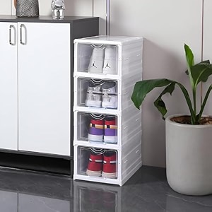 transparent shoe rack - sneaker box - drop front foldable shoe organizer storage box - foldable sneaker crates footwear organiser for men women heels boots loafers sneakers slippers 4 layer