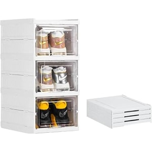transparent shoe rack - drop front foldable shoe organizer storage box - footwear organiser for men women heels boots loafers sneakers slippers 3 layer