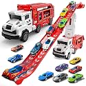Transport Truck Toys for 3 4 5 6 7 Years Old Boys,Toys Cars Track Set Transporter Trucks with 12 Die-Cast Car Toys 2 Race catapults Dual-Track Model,Toddler Car Toy Set for Kids Boys Girls