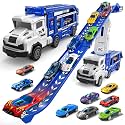 Transport Truck Toys for 3 4 5 6 7 Years Old Boys,Toys Cars Track Set Transporter Trucks with 12 Die-Cast Car Toys 2 Race catapults Dual-Track Model,Toddler Car Toy Set for Kids Boys Girls