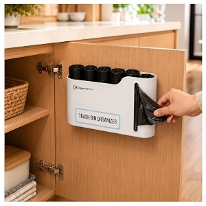 organizemee garbage bag holder amp dispenser - wall mounted trash bag organizer box for kitchen punch-free plastic bag storage container amp dustbin cover dispenser kitchen organiser  white qty1