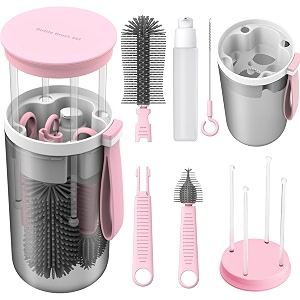 travel baby bottle brush set with bottle cleaner brush and drying rackgift for newborn mothers suitable for travel and homepink