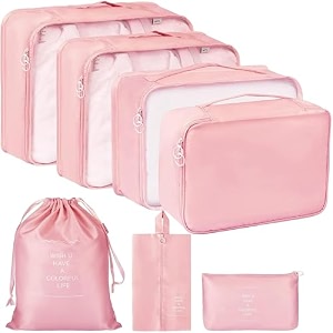 travel organizer 7 in 1 travel laundry cosmetics luggage packing organizers set makeup bags organizer packing cubes with shoe bag for travel nylon pink