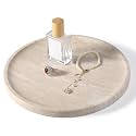 Travertine Tray, 9.8” Round Marble Vanity Tray for Bathroom, Kitchen Counter Dresser and Coffee Table Decor, Stone Decorative Tray for Jewelry, Perfume, Cosmetics, Countertop Storage Organize (Beige)
