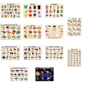 treasurebox wooden puzzle educational board learning toy tray for kids size 22x30 cm z set of 13
