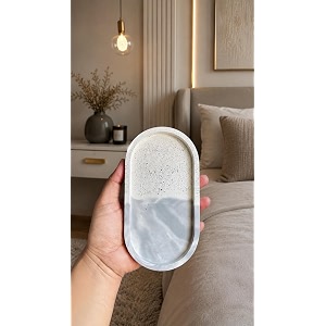 treetrunk concrete oval trinket tray  jewellerymakeuptable organizer l home decor l candle tray  multipurpose 1881022cm white bampw splatter effect